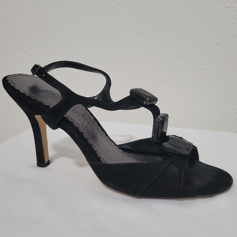 White House Black Market Black Suede‎ T-Strap Gemstone Crystal Heels Sandals 7M